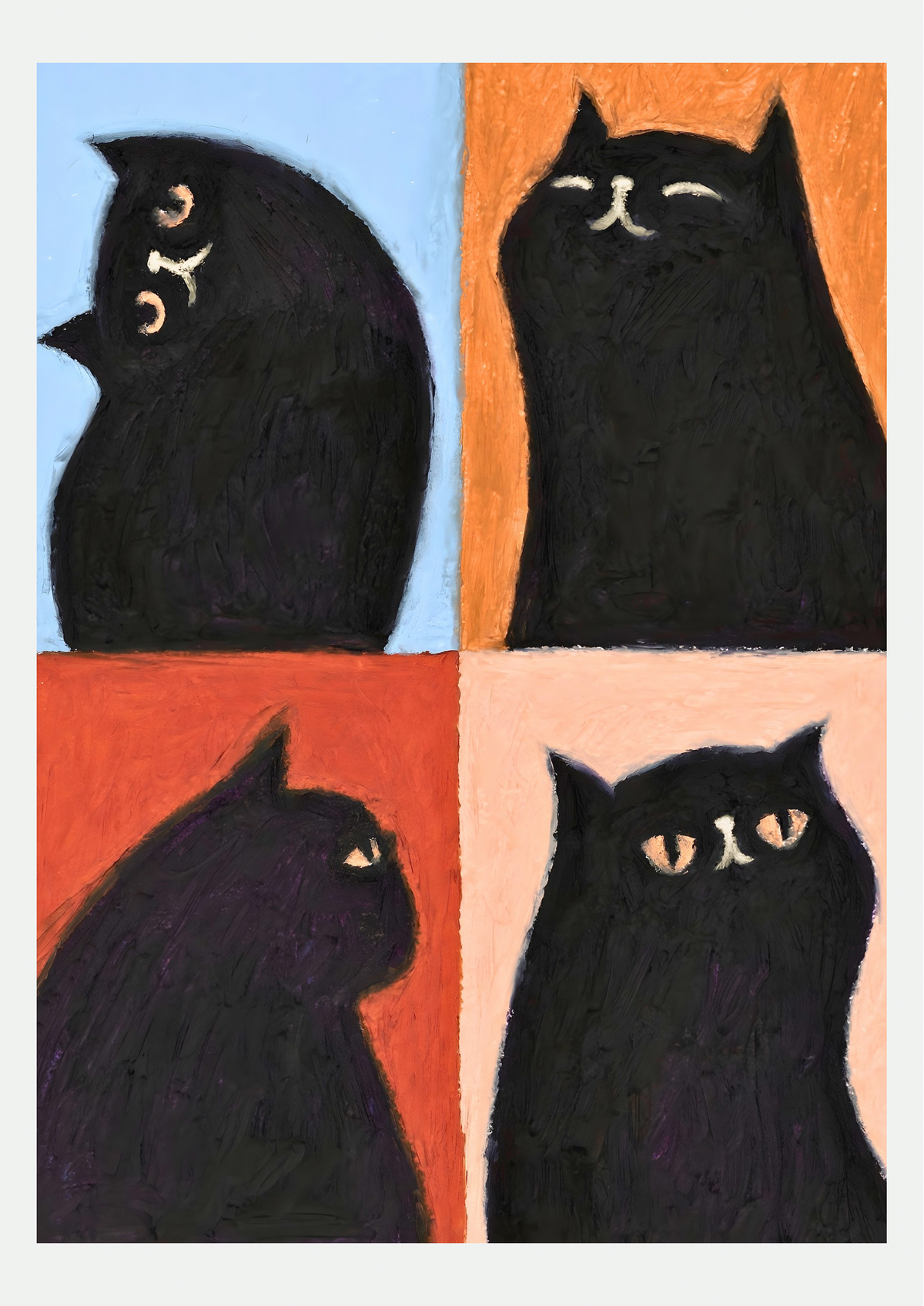 Affiche Quatre Chats Noirs, illustration pour chambre d'enfant, présentée seule sur fond neutre