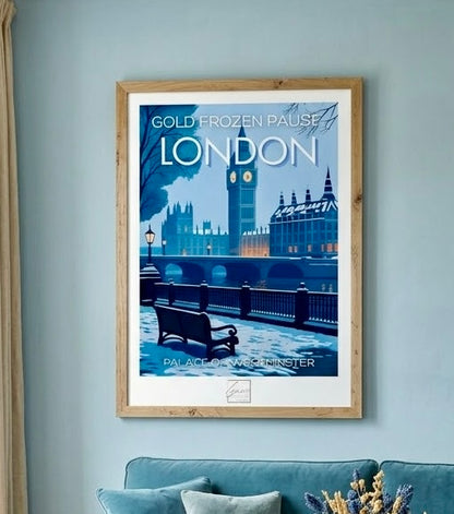 Affiche Gold Frozen Pause London au mur d'un salon, vue rapprochée du cadre et du pont enneigé