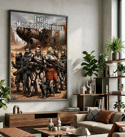 Affiche Exil à Moulinsart-Terminus encadrée, accrochée au mur d'un salon sombre et moderne