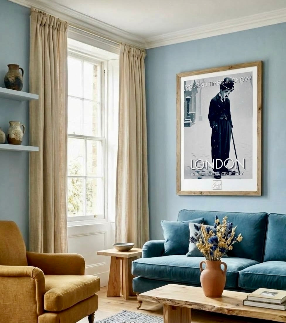 Vue d'ensemble d'un salon décoré de l'affiche Charlot encadrée, décoration murale cinéma noir et blanc