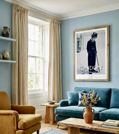 Vue d'ensemble d'un salon décoré de l'affiche Charlot encadrée, décoration murale cinéma noir et blanc