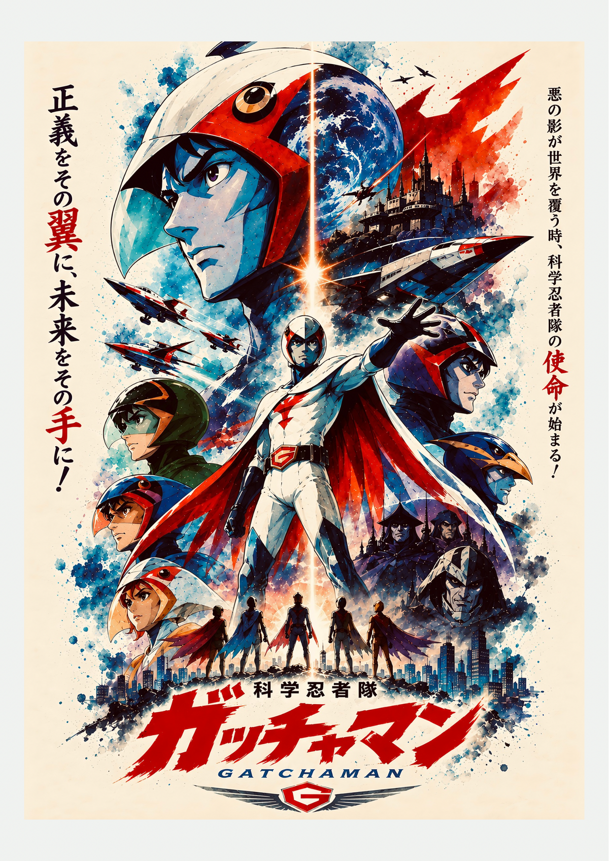 Affiche La Bataille des Planètes Gatchaman, anime vintage japonais, présentée seule sur fond neutre