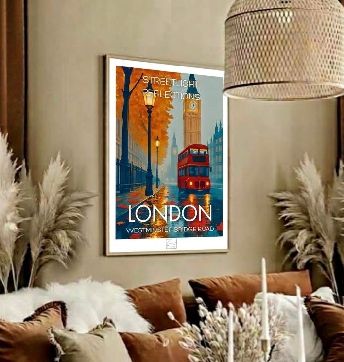 Gros plan sur l'affiche Londres Parliament Square, typographie blanche, lampadaire et tour de Big Ben dans la brume