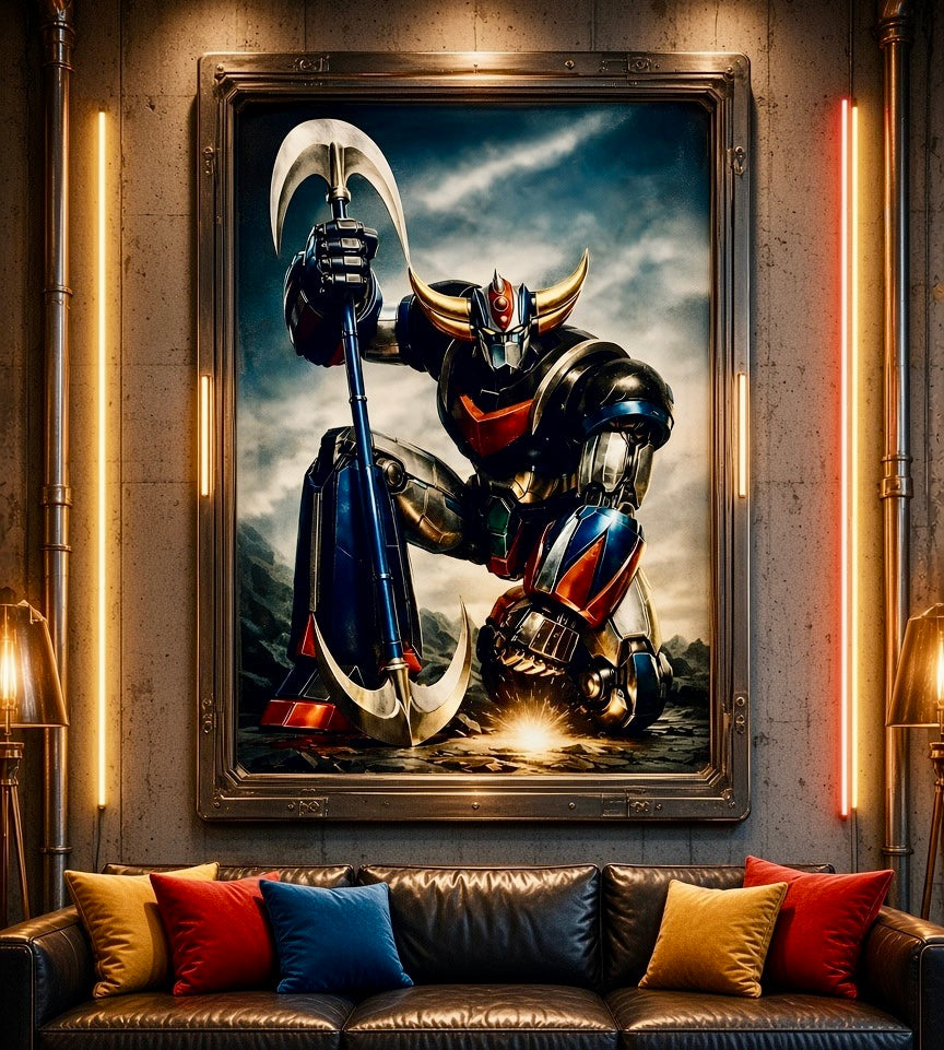 Poster Goldorak encadré accroché au mur d'un salon, décoration murale rétro culture pop et anime