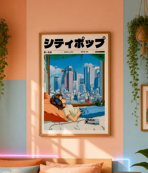 Vue rapprochée de l'affiche City Pop vue sur Tokyo depuis la chambre encadrée sur le mur du salon