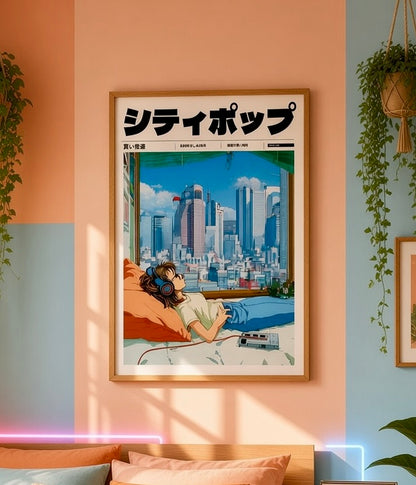 Vue rapprochée de l'affiche City Pop vue sur Tokyo depuis la chambre encadrée sur le mur du salon