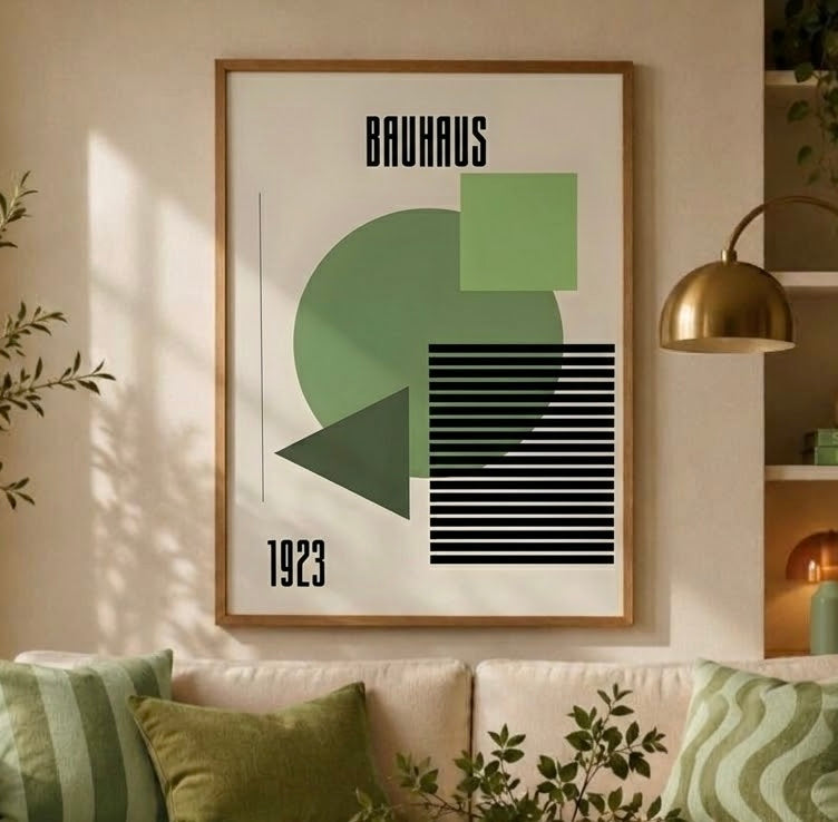 Vue rapprochée de l'affiche Bauhaus 1923 au mur, cadre, cercle et triangle verts et bandes noires