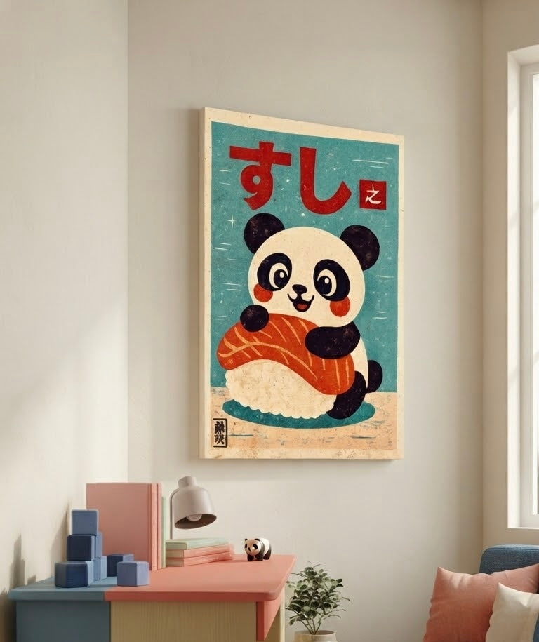 Gros plan sur l'impression et le papier de l'affiche panda sushi, texture granuleuse façon sérigraphie et couleurs rouge, turquoise et crème