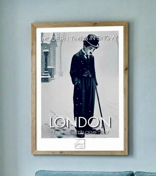 Affiche Modern Times in Snow au mur d'un salon, vue rapprochée du cadre et de la silhouette de Charlot