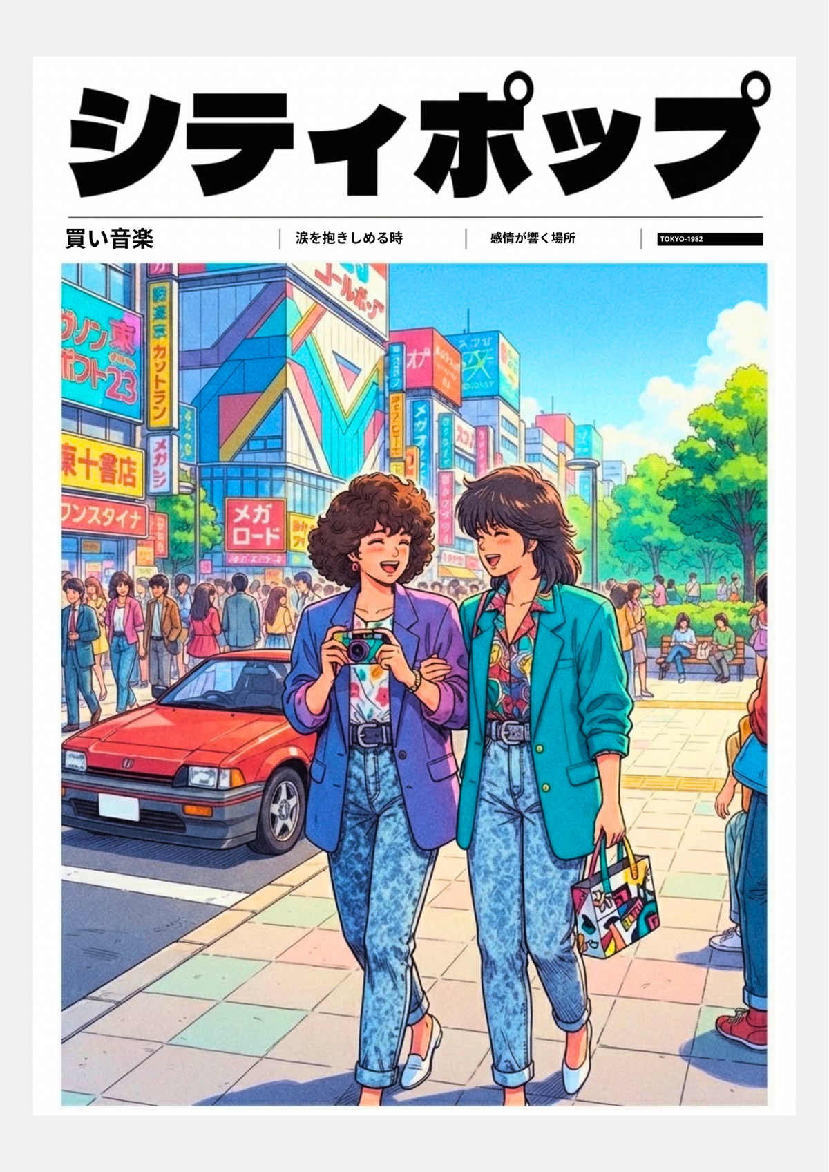 Affiche City Pop shopping à Tokyo entre amies, présentée seule sur fond neutre