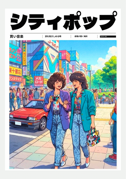 Affiche City Pop shopping à Tokyo entre amies, présentée seule sur fond neutre