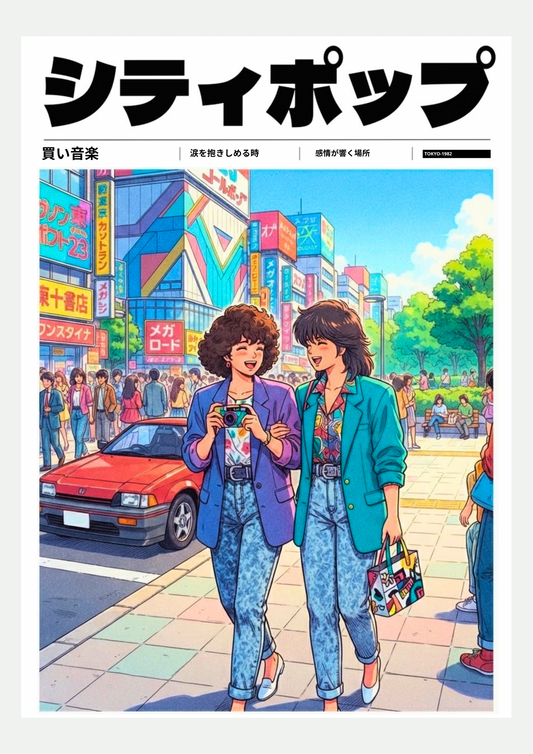 Affiche City Pop shopping à Tokyo entre amies, présentée seule sur fond neutre