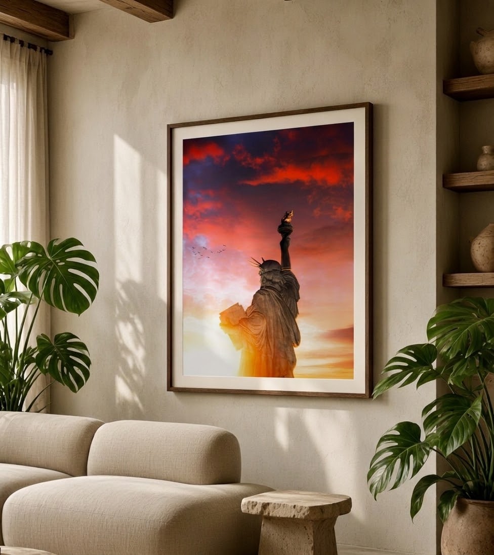 Affiche de la Statue de la Liberté au coucher du soleil encadrée, accrochée au mur d'un salon lumineux