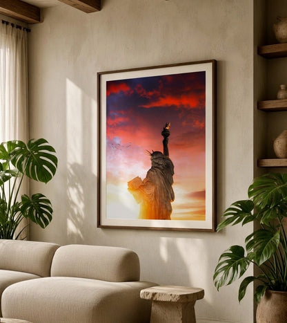 Affiche de la Statue de la Liberté au coucher du soleil encadrée, accrochée au mur d'un salon lumineux