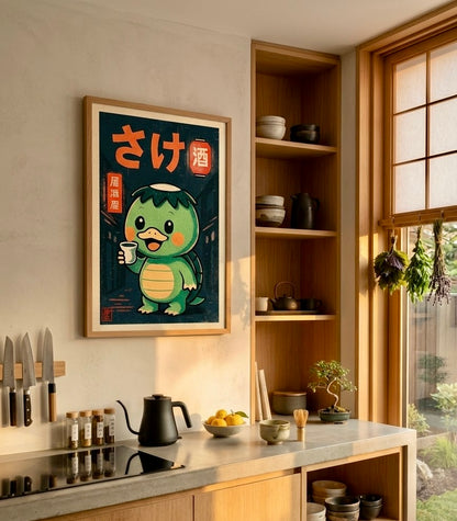 Ambiance cuisine avec l'affiche japonaise kappa kawaii encadrée, décoration murale izakaya