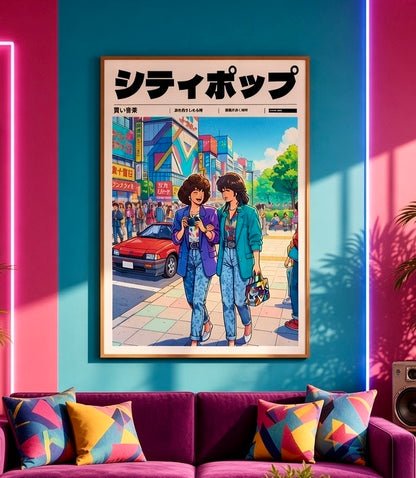 Vue rapprochée de l'affiche City Pop shopping à Tokyo entre amies encadrée sur le mur du salon