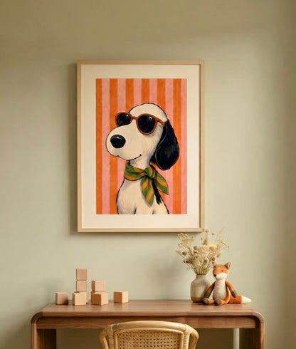 Vue d'ensemble d'une chambre d'enfant avec l'affiche Snoopy Lunettes et Foulard en décoration murale