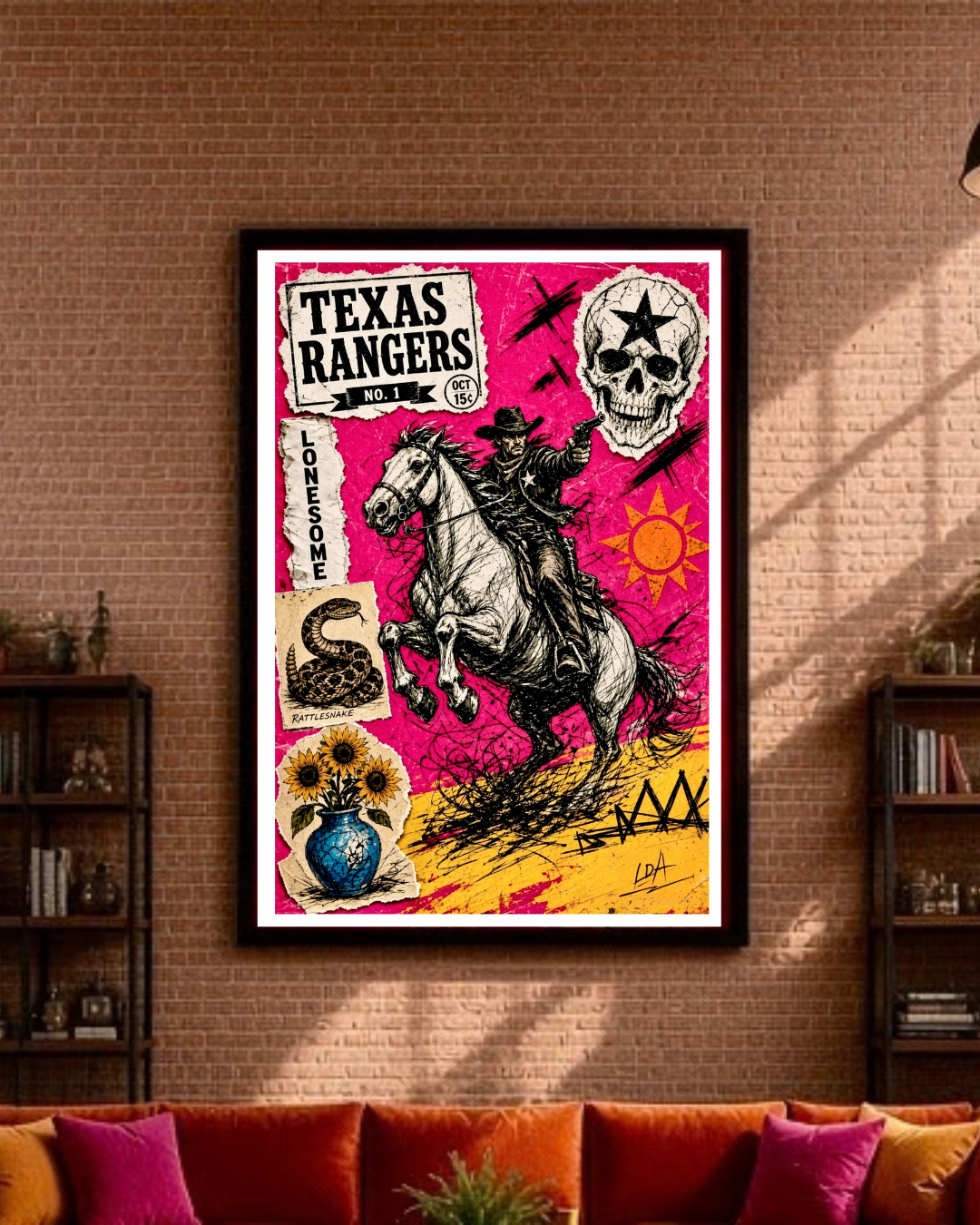 Vue rapprochée de l'affiche Texas Rangers N°1 encadrée sur le mur du salon
