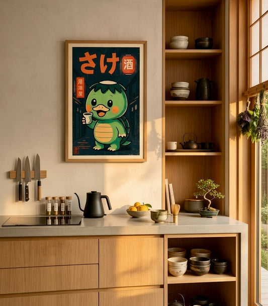 Poster kappa kawaii saké encadré accroché au mur d'une cuisine, style japonais rétro