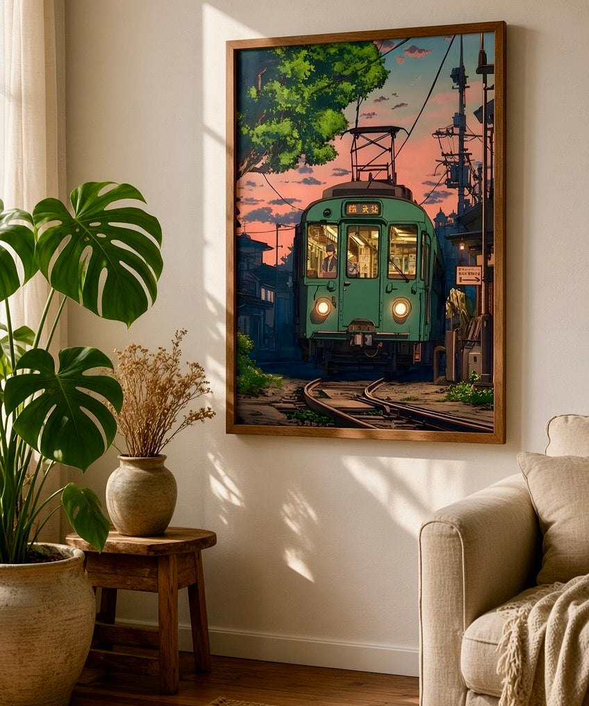 Vue rapprochée de l'affiche Tramway au Crépuscule encadrée sur le mur du salon