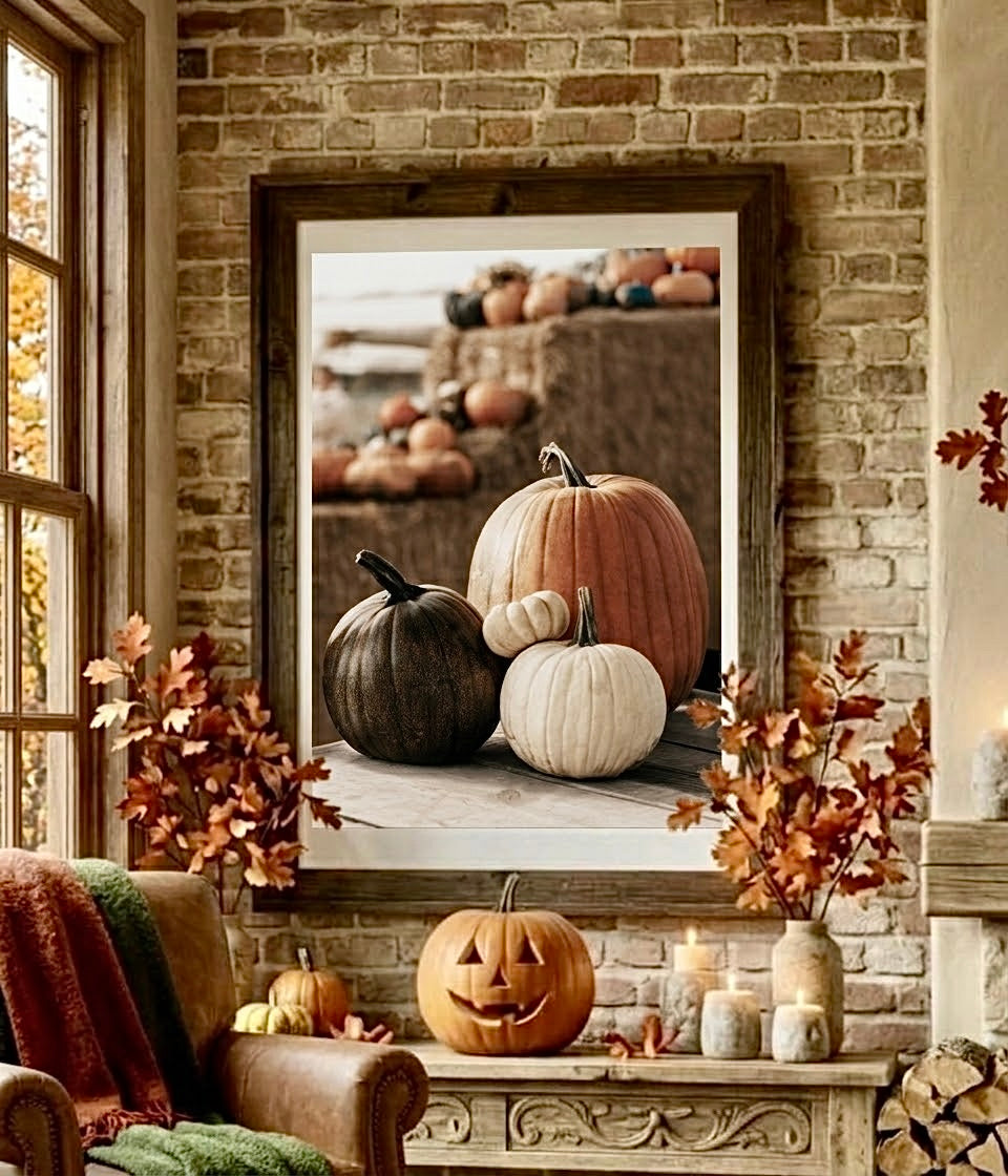 Poster photo de citrouilles d'automne encadré accroché au mur d'une cuisine