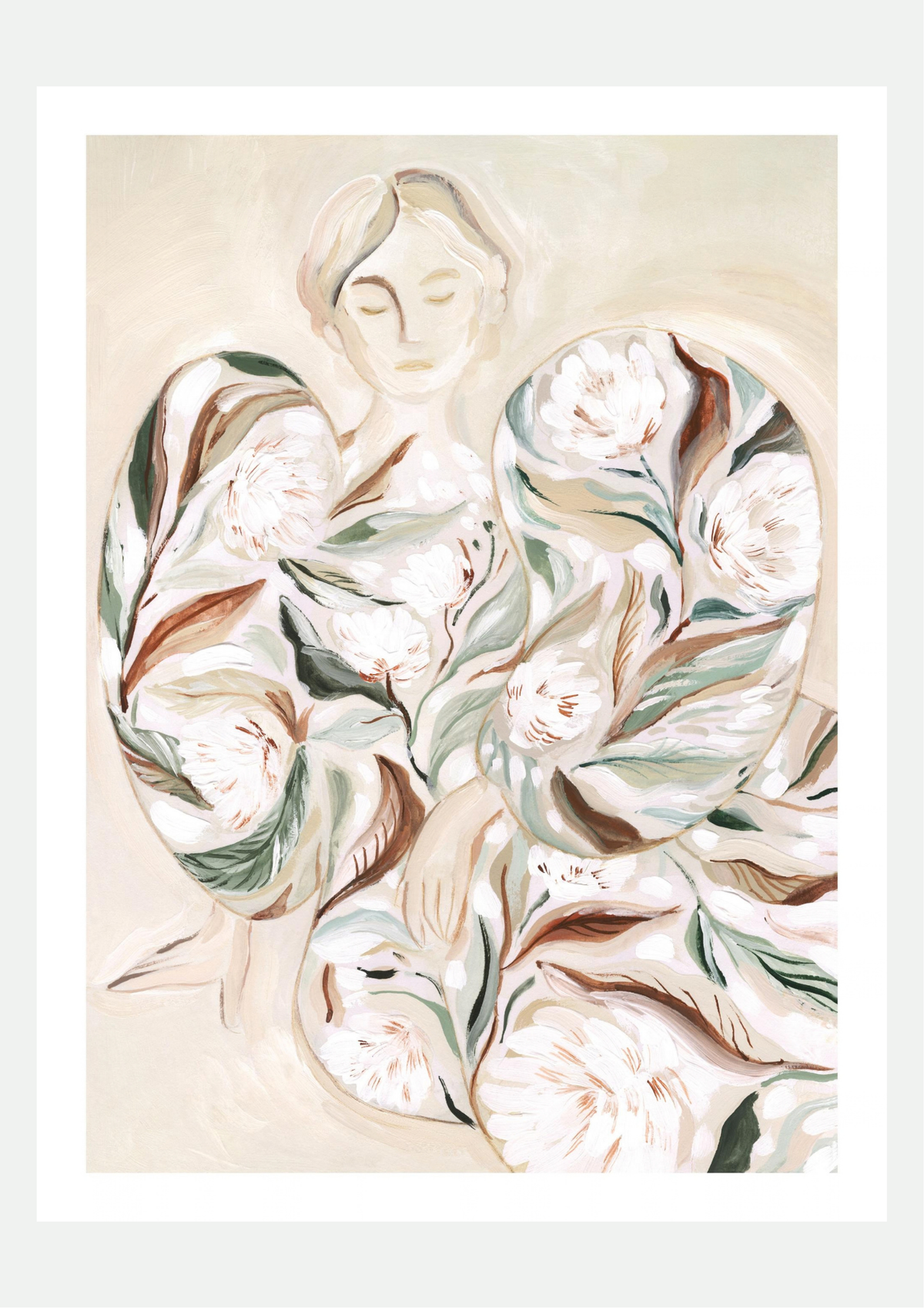 Affiche portrait peint d'une femme aux yeux fermés dont le corps est rempli de pivoines blanches et de feuillage vert sauge
