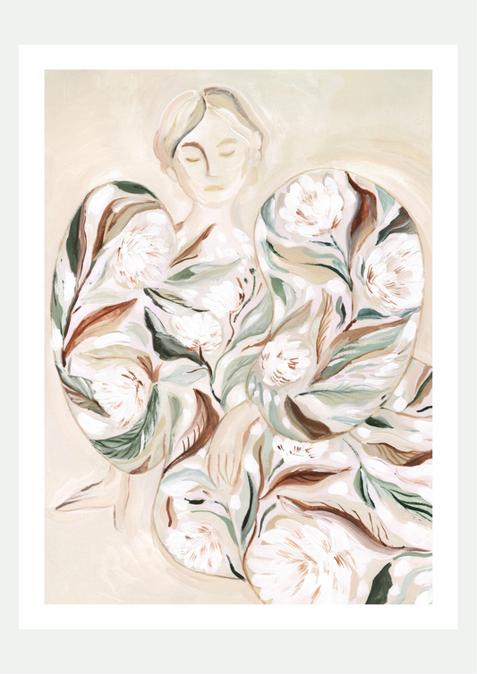 Affiche portrait peint d'une femme aux yeux fermés dont le corps est rempli de pivoines blanches et de feuillage vert sauge