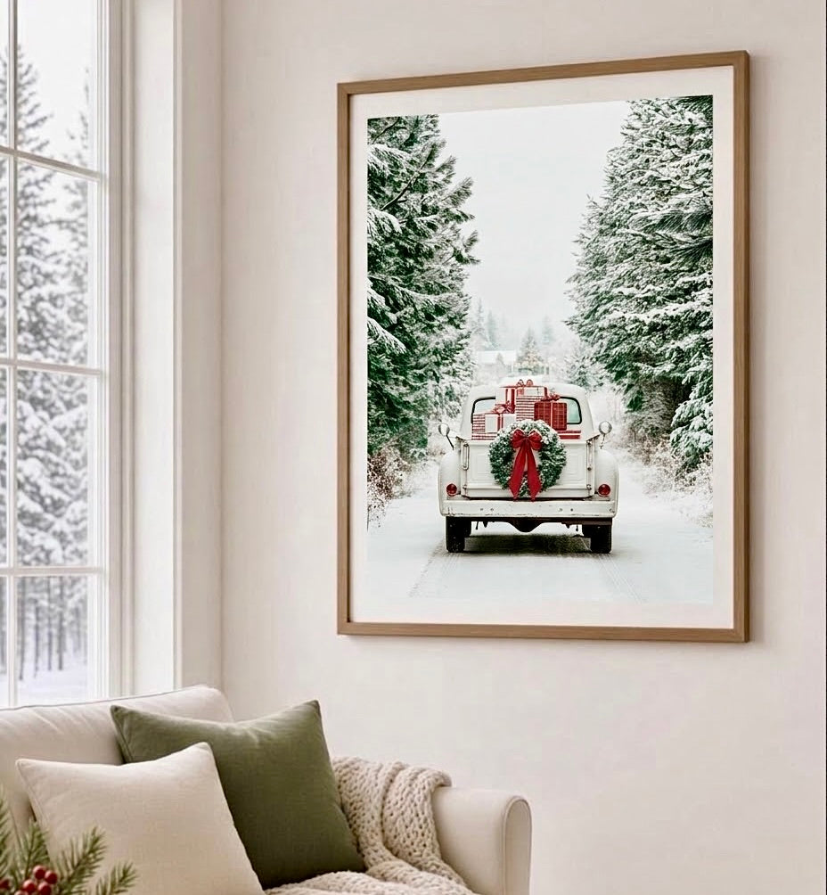 Ambiance salon avec l'affiche photo de Noël encadrée, décoration murale hivernale blanche, verte et rouge