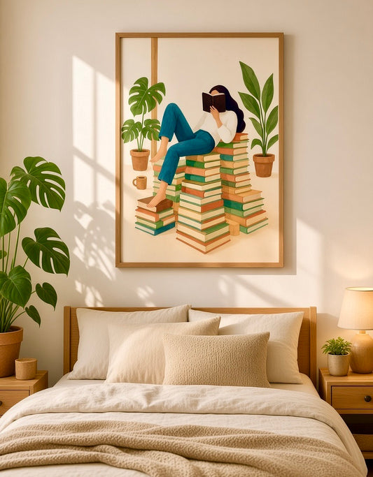 Affiche encadrée Femme en Pause Lecture accrochée au mur d'un salon cosy