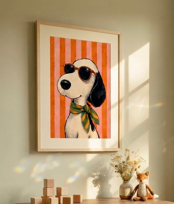 Vue rapprochée de l'affiche Snoopy Lunettes et Foulard encadrée sur le mur