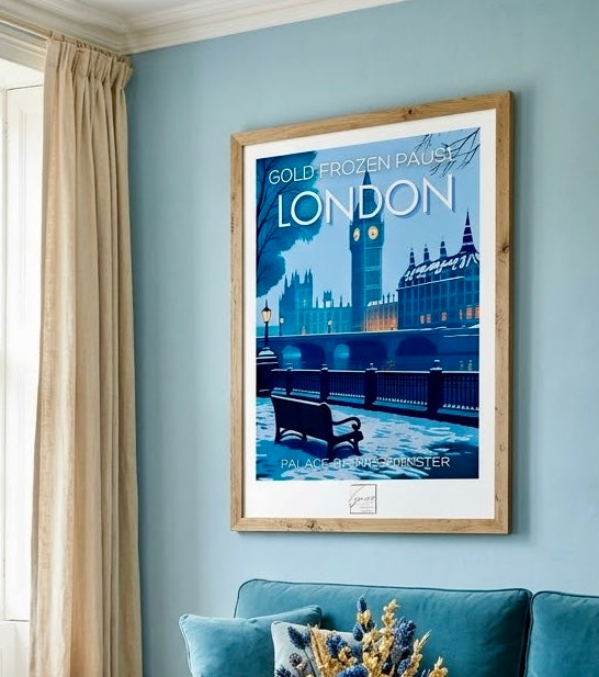 Gros plan sur l'affiche Palace of Westminster, tour de Big Ben, lampadaires et typographie blanche