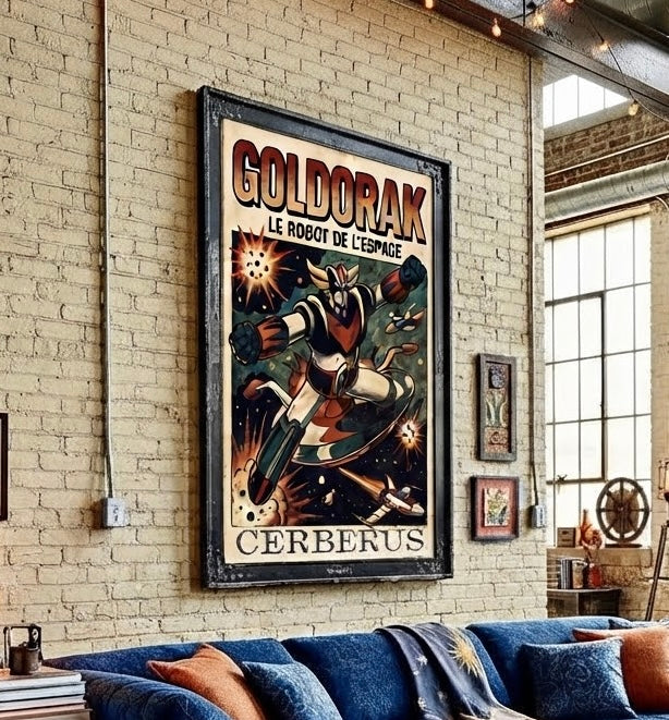 Gros plan sur l'impression et le papier de l'affiche Goldorak Le Robot de l'Espace