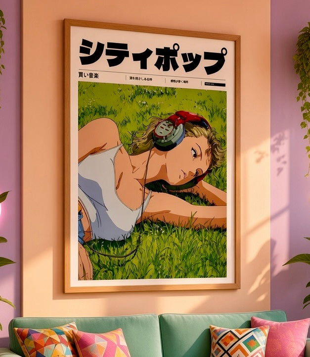 Gros plan sur l'impression et le papier de l'affiche City Pop anime fille aux écouteurs dans l'herbe
