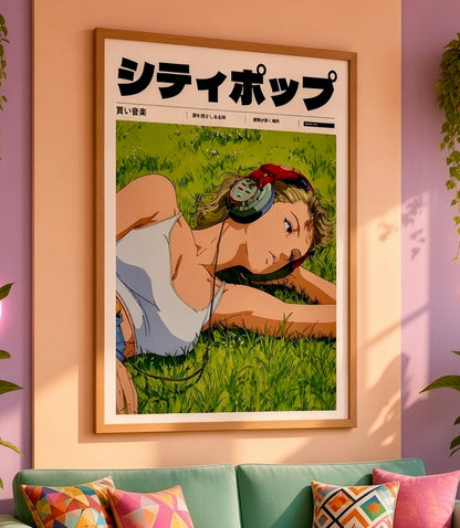Gros plan sur l'impression et le papier de l'affiche City Pop anime fille aux écouteurs dans l'herbe