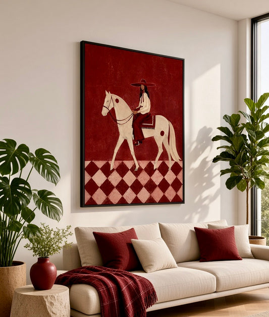 Poster cavalière et cheval blanc encadré accroché au mur d'un salon, palette bordeaux chaleureuse