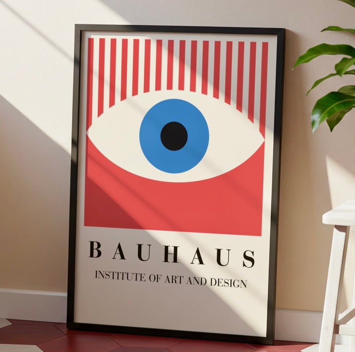 Ambiance déco avec l'affiche Bauhaus œil rouge encadrée, décoration murale géométrique