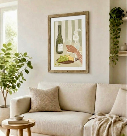 Affiche illustration vin et raisins accrochée près d'un coin bar, idée cadeau déco pour amateur de vin