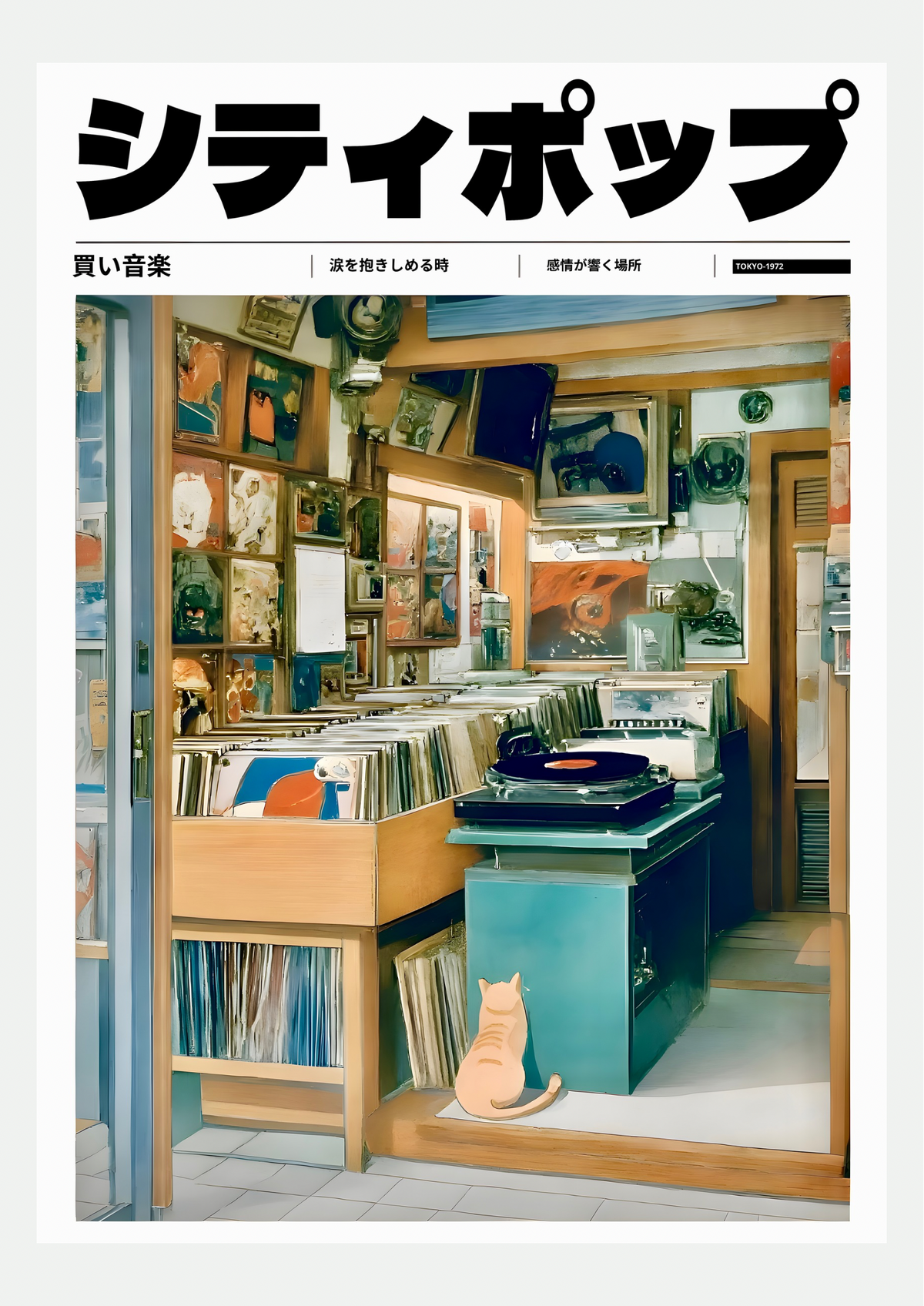 Affiche City Pop disquaire vintage Tokyo avec chat, présentée seule sur fond neutre
