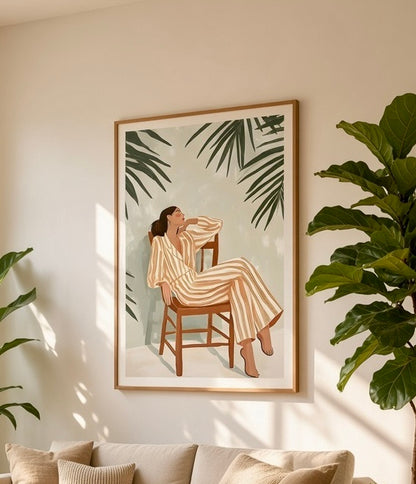 Gros plan sur l'illustration femme en pyjama rayé : traits souples, vert sauge, crème et abricot