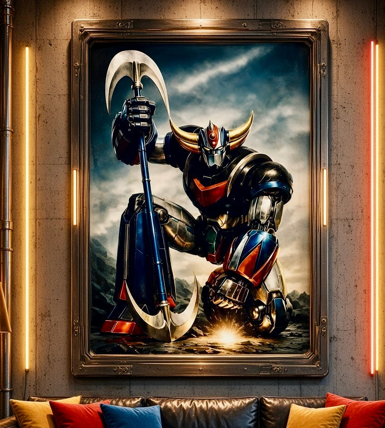 Affiche Goldorak encadrée sur un mur de salon, vue rapprochée du robot bleu, rouge et or et de sa hache