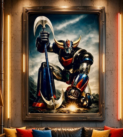 Affiche Goldorak encadrée sur un mur de salon, vue rapprochée du robot bleu, rouge et or et de sa hache