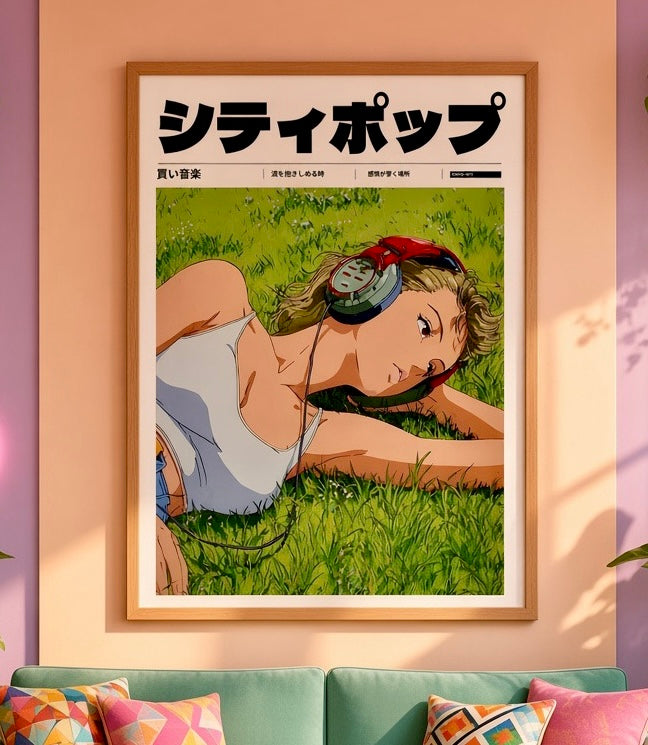 Vue rapprochée de l'affiche City Pop anime fille aux écouteurs dans l'herbe encadrée sur le mur du salon