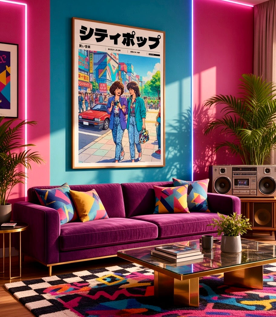Vue d'ensemble du salon avec l'affiche City Pop shopping à Tokyo entre amies en décoration murale