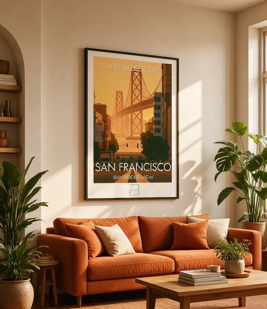 Vue d'ensemble d'un salon décoré avec l'affiche San Francisco Urban Descent encadrée