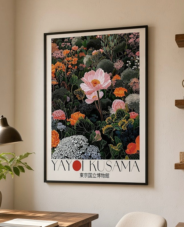 Gros plan sur le tirage de l'affiche florale, détail des couleurs vives sur fond noir