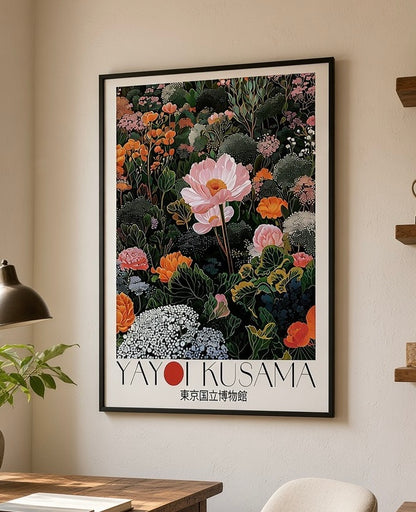 Gros plan sur le tirage de l'affiche florale, détail des couleurs vives sur fond noir