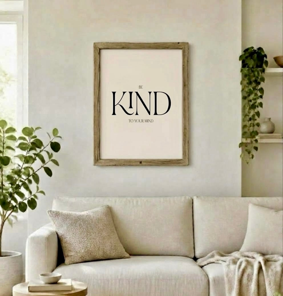 Affiche Be Kind to your mind encadrée au mur d'un salon, décoration murale minimaliste et bienveillante