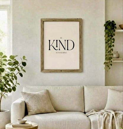 Affiche Be Kind to your mind encadrée au mur d'un salon, décoration murale minimaliste et bienveillante