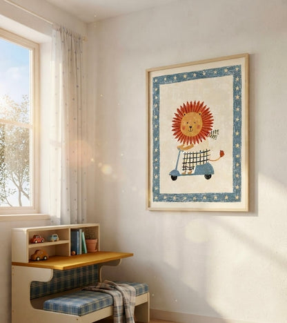 Lion en Scooter – Affiche Illustration Enfant
