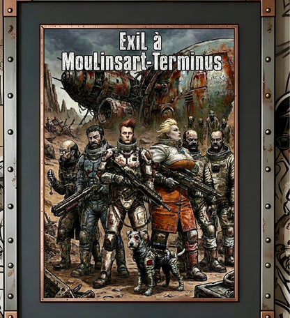 Gros plan sur l'affiche Exil à Moulinsart-Terminus : combinaisons spatiales usées, Milou en harnais et zombies au loin